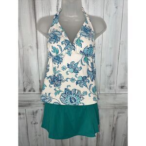 WOMENS LANDS END TURQUOISE FLORAL 2 PIECE SWIM‎ SKIRT TANKINI PADDED BRA TOP 6